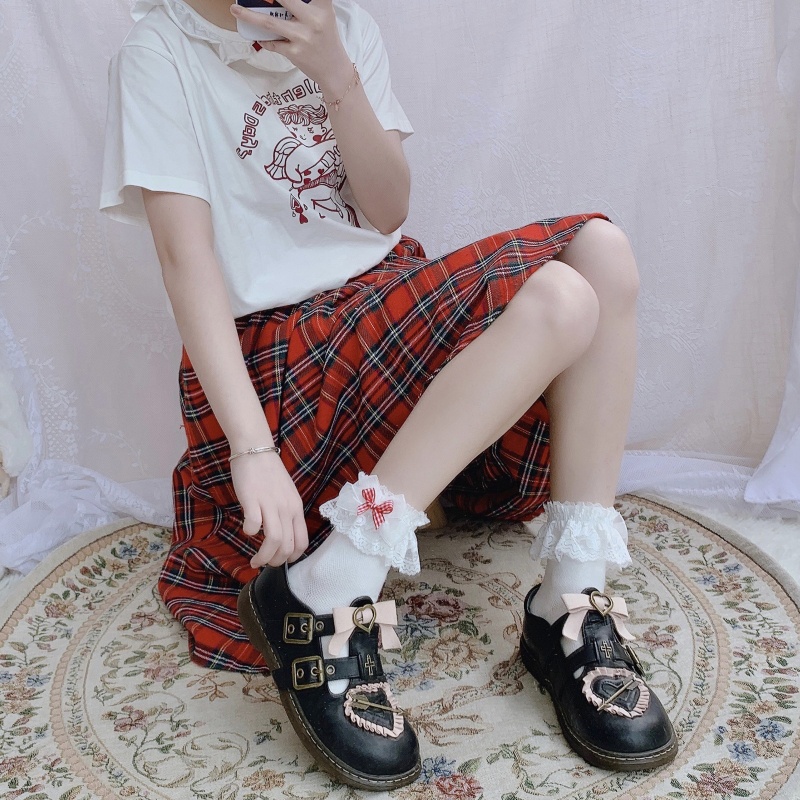 Vớ cotton phối ren nhún bèo phong cách lolita xinh xắn cho nữ