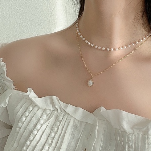 Vòng Cổ Ngọc Trai Đôi Bằng Kim Loại Đơn Giản Thời Trang Hàn Quốc Dành Cho Nữ