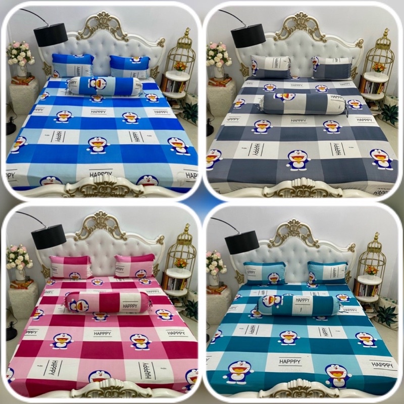 Bộ ga trải giường- drap thun lạnh Hàn Quốc mẫu Doraemon đội mũ( 1 ga, 3 áo gối)