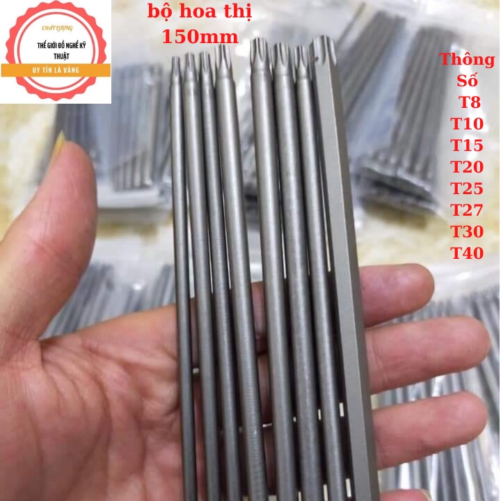 Bộ 8 mũi hoa thị có lỗ dài 150mm T8 , T10, T15, T20, T25, T27 , T30 , T40 . chân lục giác 6.35mm