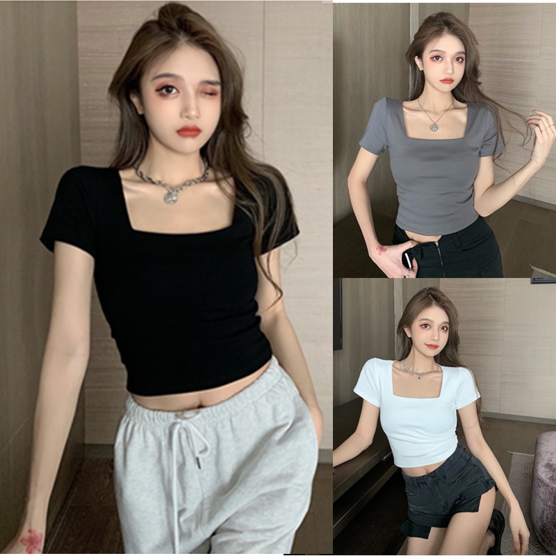 WANGJIAOZHAN Áo croptop thun tay ngắn cổ vuông thời trang nữ