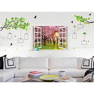 Decal dán tường LUVINA trang trí nội thất mẫu ghép cây khung ảnh một mảnh + cửa sổ anh đào tình nhân