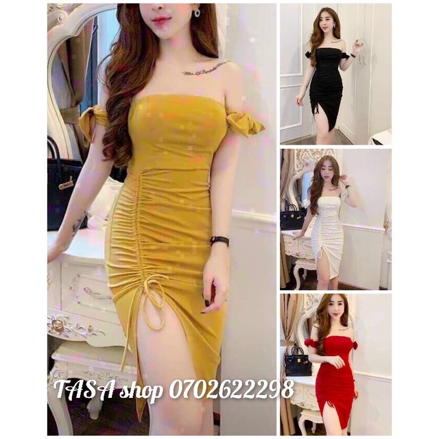 TSL-Ảnh thật, Đầm Body tay nơ cúp ngực sexy sang chảnh (có mút ngực) xẻ tà đỏ, trắng, đen, vàng