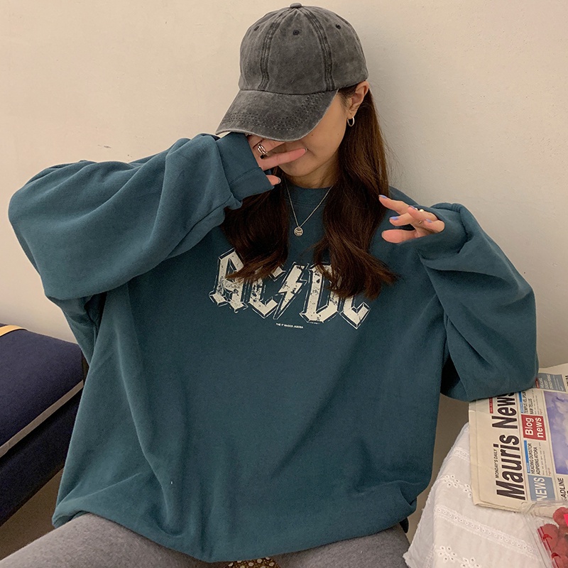 Áo sweater tay dài cổ tròn dáng rộng in chữ kiểu Hàn Quốc dễ phối đồ
 | BigBuy360 - bigbuy360.vn