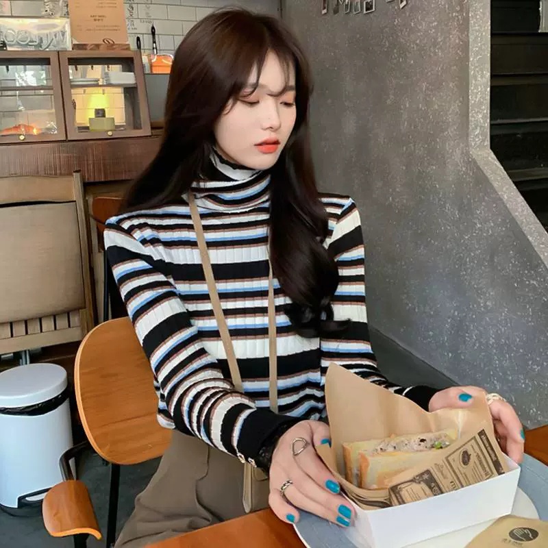 Áo len ZHELIHANGFEI tay dài cổ lọ họa tiết sọc theo phong cách phương Tây dễ phối đồ
