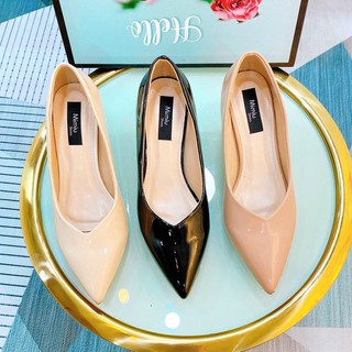 Giày búp bê nữ gót cao 7p Bánh bèo, giày cao gót nữ da bóng mũi nhọn gót bọc mika thời trang màu kem, đen, nâu