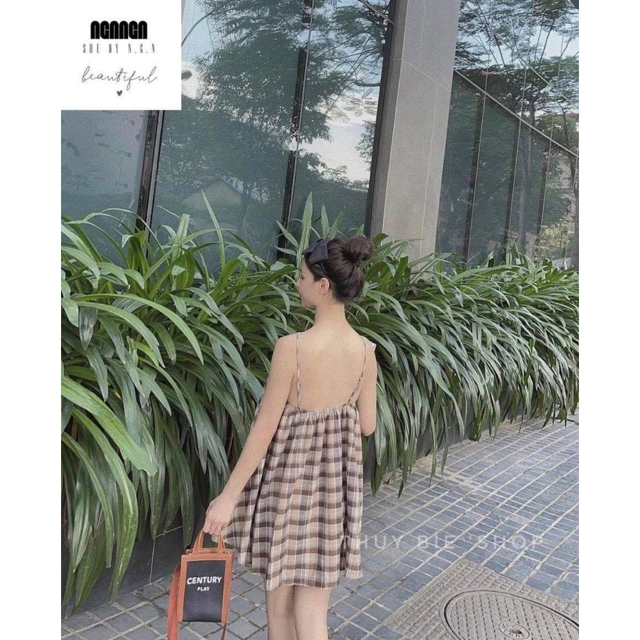 Đầm 2 Dây Nữ Kẻ Caro Đan Dây Hở Lưng Dáng Xòe