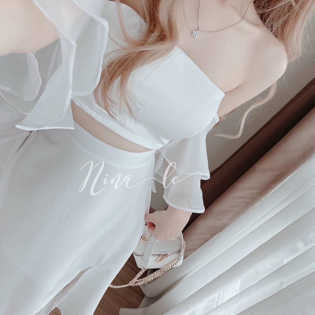 Đầm nữ trễ vai tay bèo phối voan  kèm chân váy xẻ đùi siêu xinh