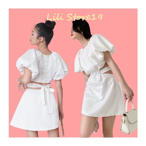 Váy Trắng Tay Bồng Cut-out Thắt Nơ Lưng Bánh Bèo Điệu Đà