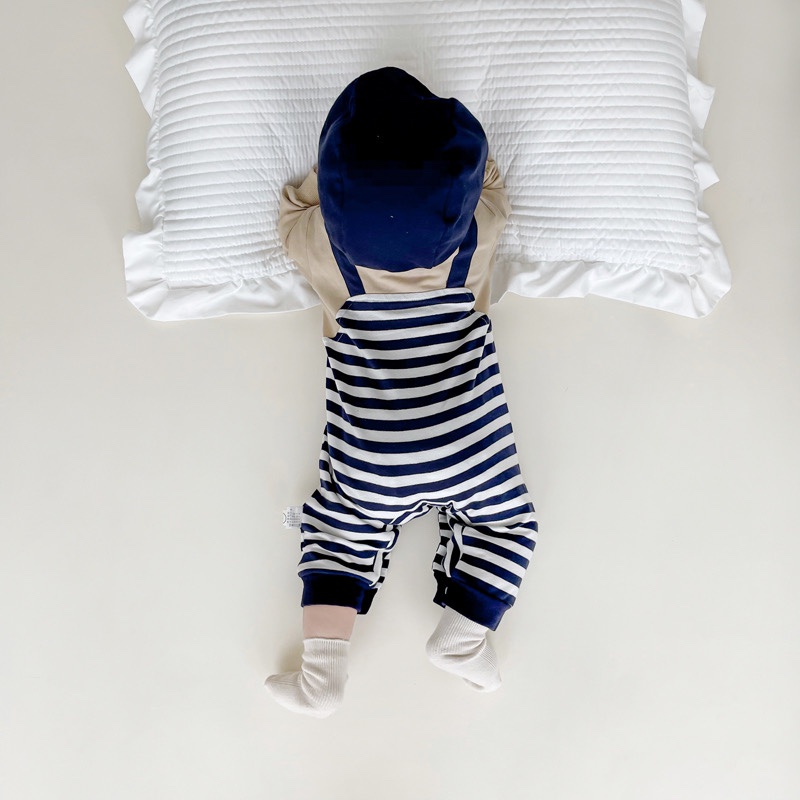 Bộ Áo Liền Quần Tay Dài + 1 Dây Đeo In Họa Tiết Sọc Dễ Thương Thời Trang Mùa Đông Cho Bé Sơ Sinh
