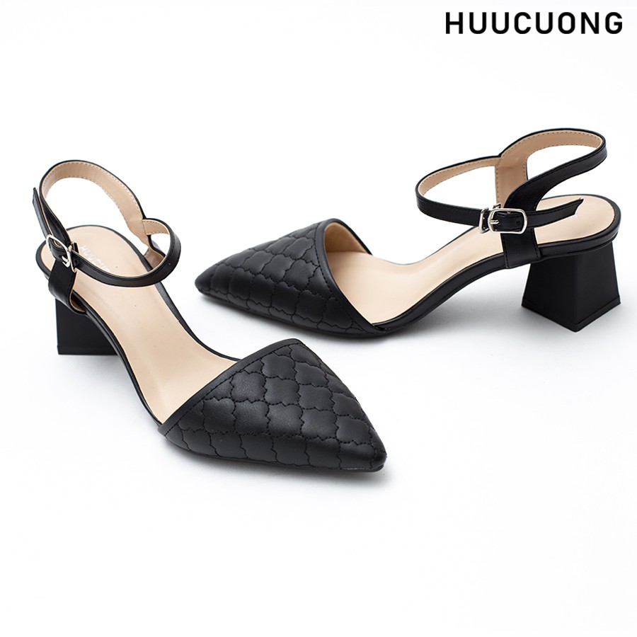 Giày Mũi Nhọn Sandal Nữ Cao Gót 5cm HUUCUONG Thời Trang Mũi Nhọn Phối Dây Hở Gót Kẻ Viền - CG37