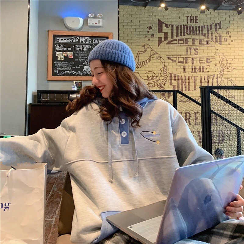 ÁO HOODIE PHỐI MÀU MŨ TÚI SUDFRUCHT - ÁO NỈ NGOẠI HOODIE CÚC CÀI TAY CHUN PHỒNG XANH XÁM