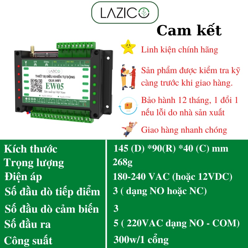 Điều khiển từ xa qua wifi 5 kênh độc lập bằng điện thoại, cấu hình đầu ra thành bơm, van và tải LAZICO EW05