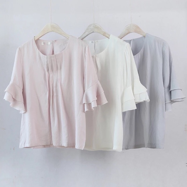 Áo voan cotton nhún dọc phối bèo tay lỡ hàng xuất dư