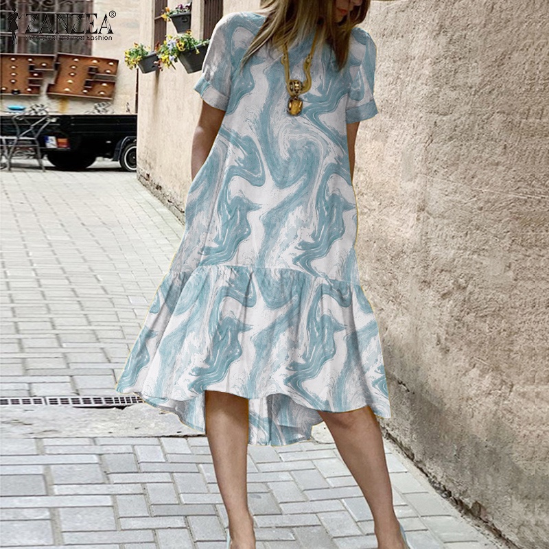 Đầm ZANZEA chữ A tay ngắn cổ tròn thời trang sành điệu dành cho phái nữ