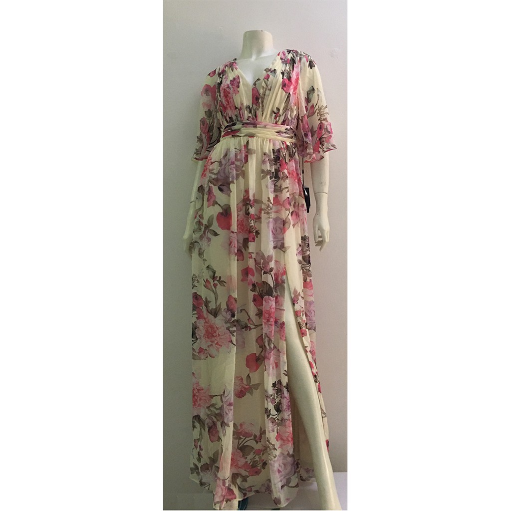Đầm dài nữ xẻ đùi trước dự tiệc xếp ly vải ren hiệu Adrianna Papell size 4 6 hàng xách tay mỹ