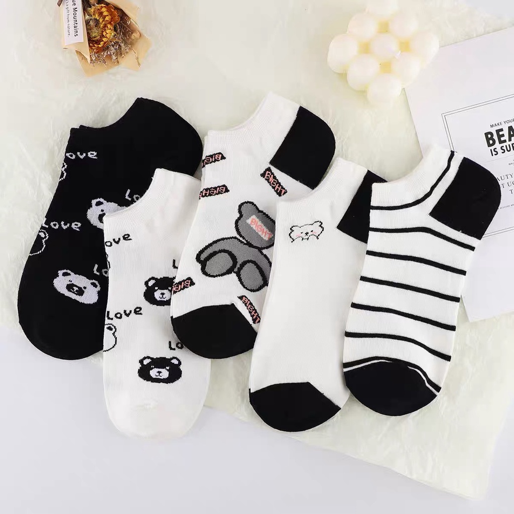 Tất cổ ngắn nữ phong cách trẻ trung, họa tiết hình gấu đáng yêu, chất liệu cotton, thấm hút mồ hôi TT84