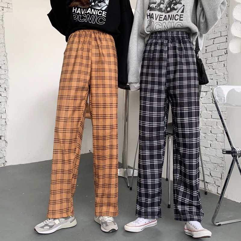 Quần Dài Ống Rộng Họa Tiết Ca Rô Phong Cách Hàn Quốc Dành Cho Nữ