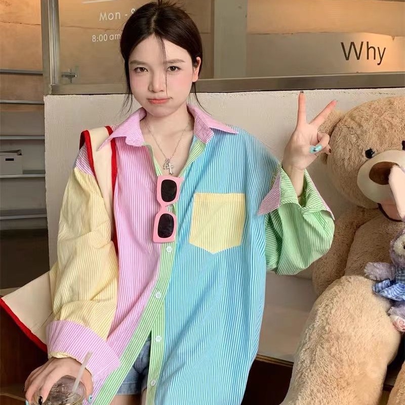 Áo sơ mi COZOK tay dài họa tiết kẻ sọc thời trang Hàn Quốc dễ phối đồ cho nữ