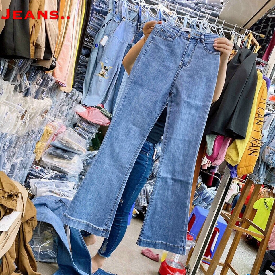 Quần jeans nữ ống loe bass, chất bò co dãn mạnh form dài 96cm lưng siêu cao mẫu mới Thuydieushop96 jn1