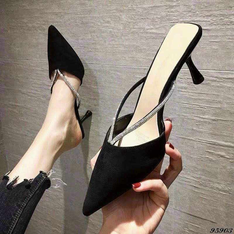 Guốc cao gót nữ 5 phân quai cườm gót nhọn mũi nỉ thời trang hàn quốc đẹp cao cấp ERICA SHOES E58 BBA