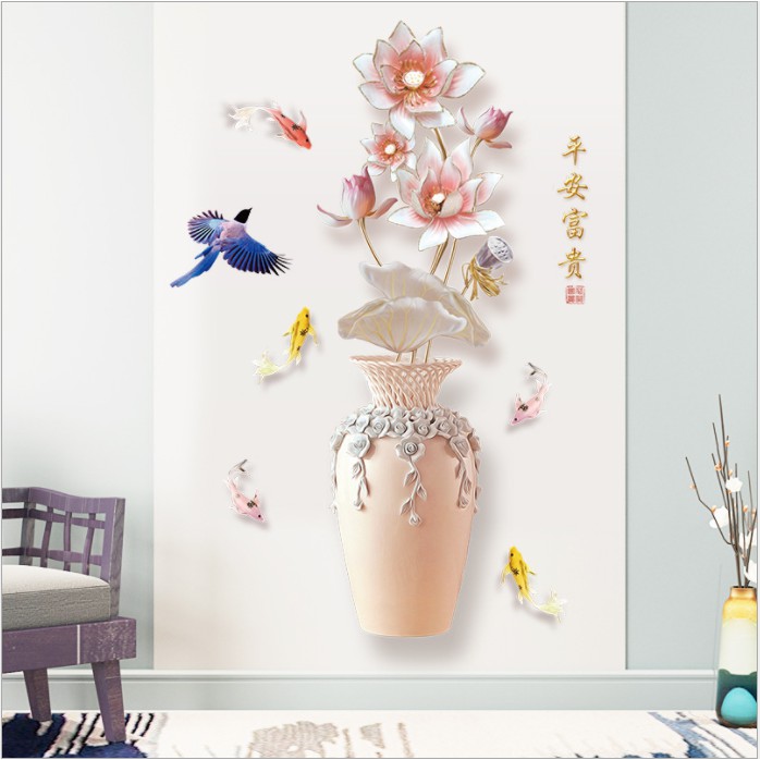 Decal trang trí tường - Chậu và Hoa Sen trắng hồng nhạt 3D mới