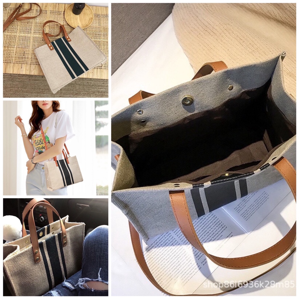 Túi cói sọc có dây đeo chéo sang chảnh