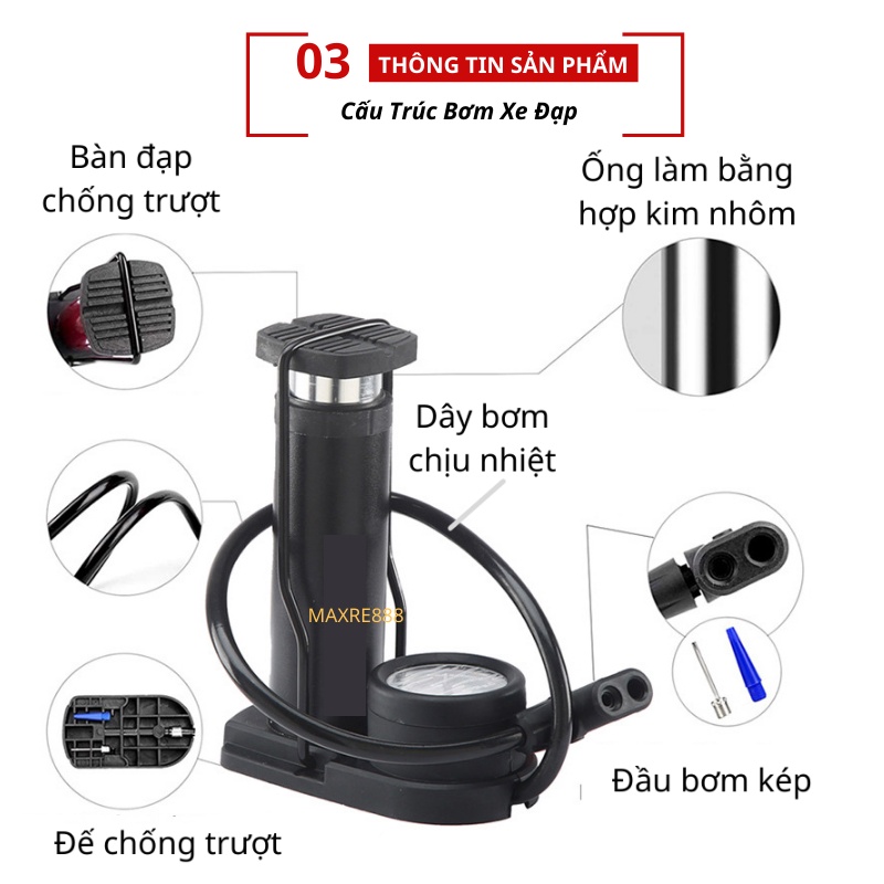 Bơm xe đạp xe máy xe hơi áp suất cao 160 PSI có đồng hồ đo áp suất gọn gàng độ bền cao