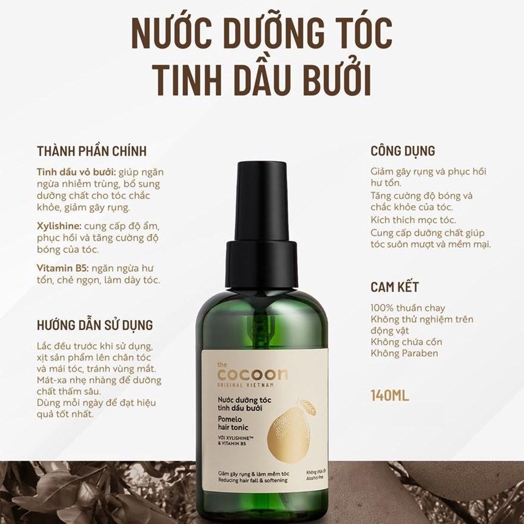 Nước Dưỡng Tóc COCOON Tinh Dầu Bưởi Giảm Gãy Rụng, Làm Mềm Tóc COCOON Pomelo Hair Tonic 140ml