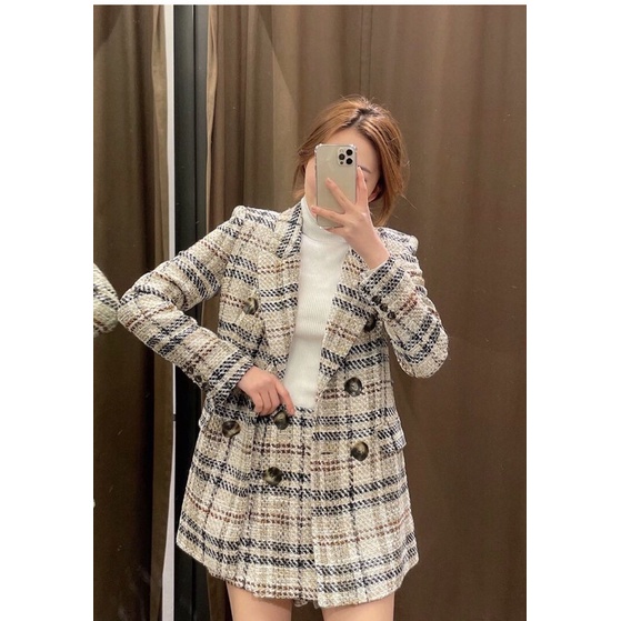 Set blazer + chân váy tweed kẻ ZR