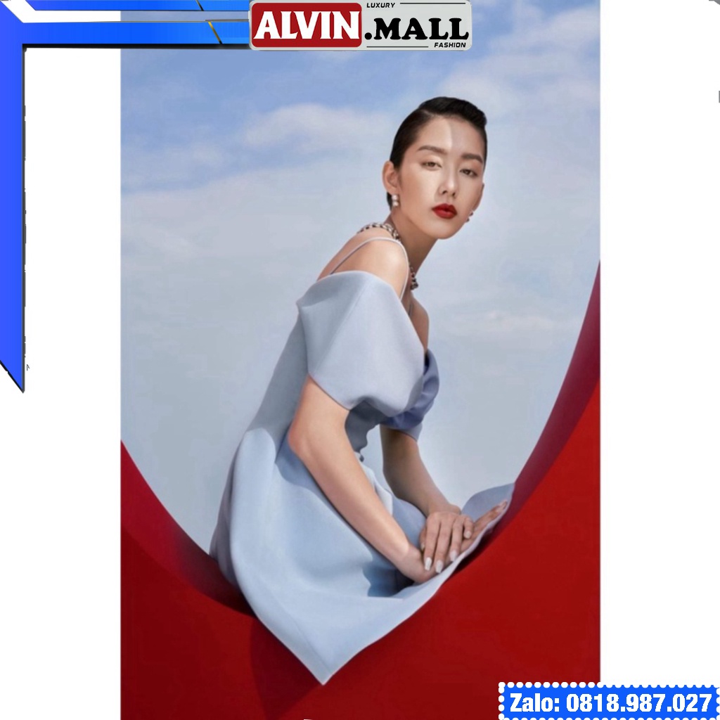 🔥𝓠𝓾ả𝓷𝓰 𝓒𝓱â𝓾 CAO CẤP🔥 Đầm dáng xòe hai dây hở vai ngang phối nơ màu xanh navy đỏ vải thun 4D nhập cao cấp ladyvi