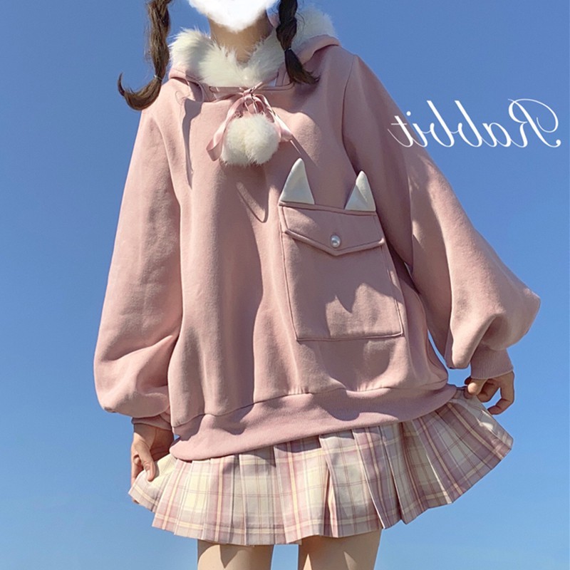 Áo khoác RABBIT lót bông mũ tai thỏ phong cách nữ sinh siêu cute