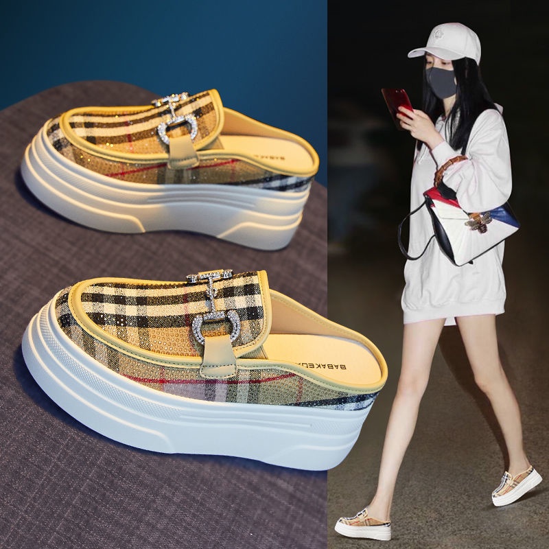 🎀COOL A Dép Bít Mũi Thoáng Khí Đính Đá Thời Trang Cho Nữ Baoto half Slipers Female Dưới đáy dày Trượt trên bàn chân Cùng phong cách với các vì sao