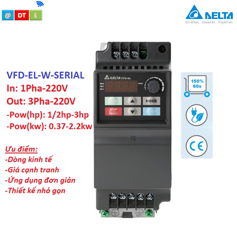 Biến tần 1 pha 220V ra 3 pha 220V Delta VFD-EL-W