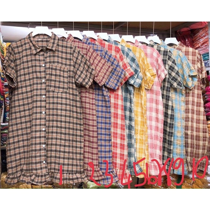 Đầm sơ mi caro tay con phối bèo dáng suông_hình thật.