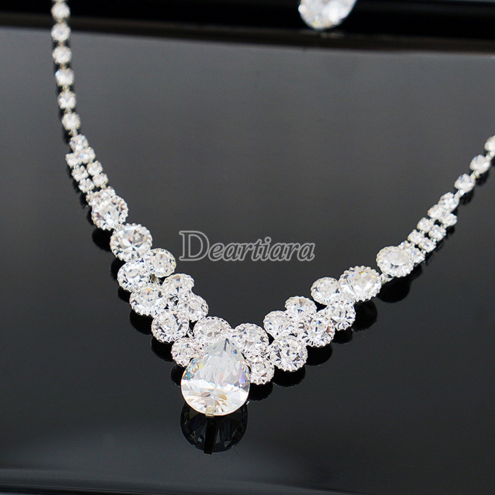 Bộ Vòng cổ + Bông Tai Đính Kim Cương Zircon Hình Giọt Nước Sáng Thời Trang