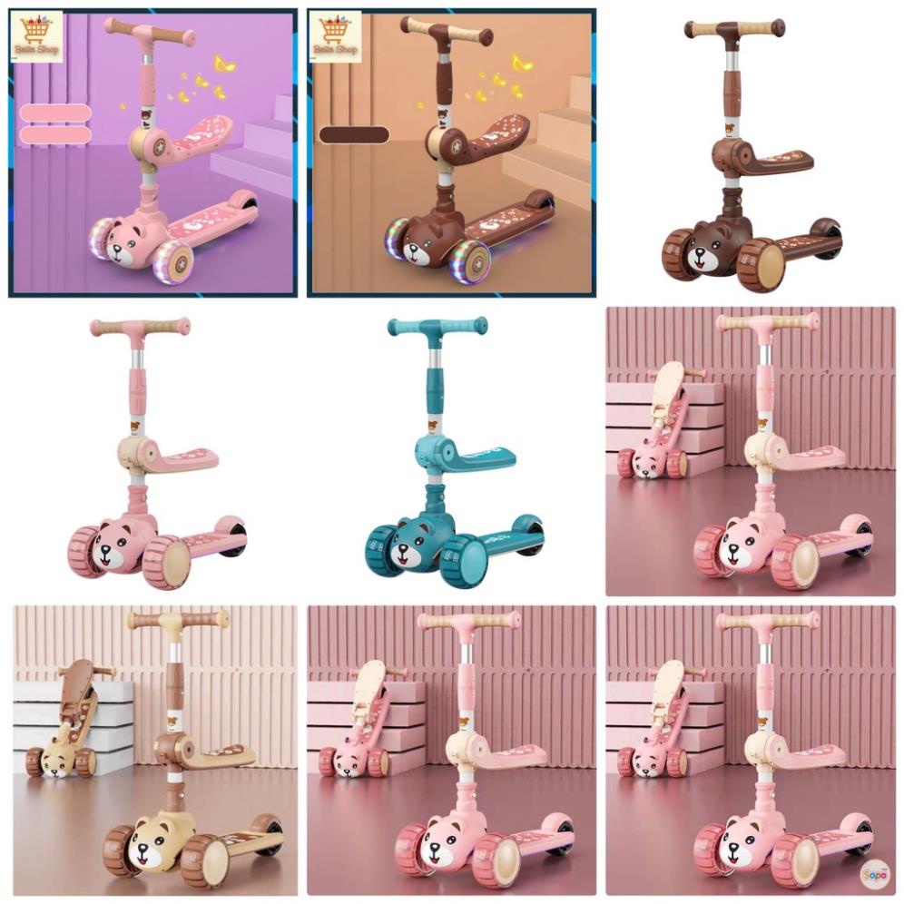 XE TRƯỢT SCOOTER KIÊM XE CHÒI CHÂN GẤU CAO CẤP CÓ NHẠC, ĐÈN KHUNG SIÊU CHẮC CHẮN CHO BÉ