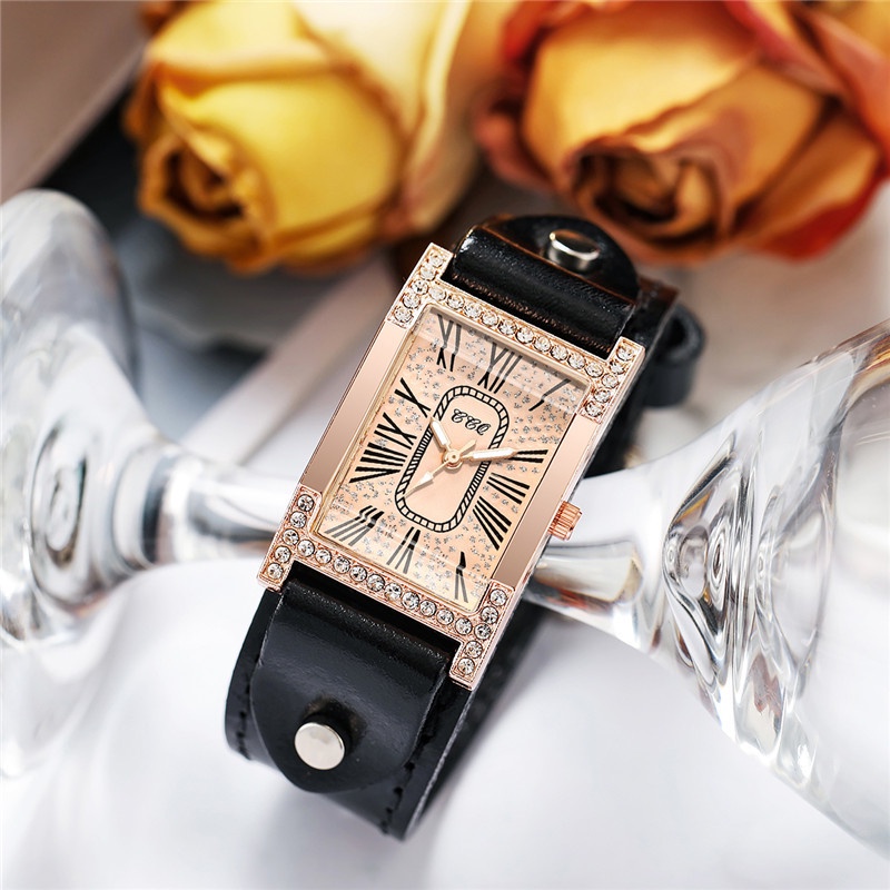 Đồng Hồ Quartz Mặt Chữ Nhật Dây Da Phong Cách Vintage