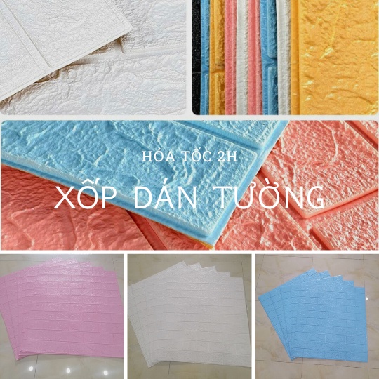 (Hỏa Tốc) Miếng Giấy Xốp Dán Tường 3D Giả Gạch tấm to 70x77cm Sẵn Keo Bóc Dán