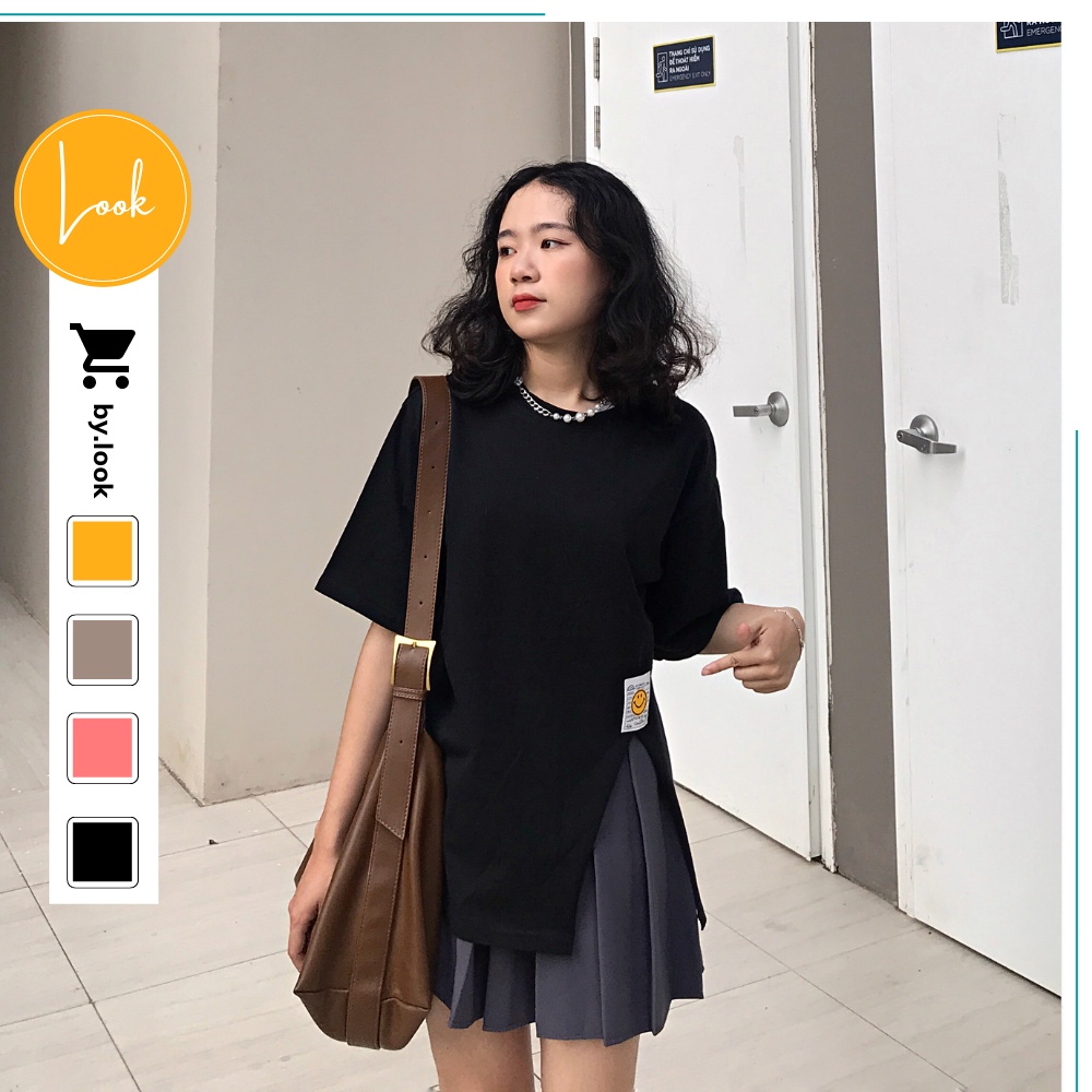 Áo thun xẻ tà Unisex LM Basic Tee phông trơn nữ tay lỡ Freesize form rộng Hàn Quốc | BigBuy360 - bigbuy360.vn