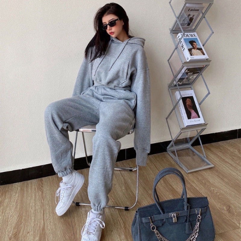 ( SẴN XÁM ) Set Áo Croptop Dài Tay Có Mũ & Quần Dài Bo Nỉ