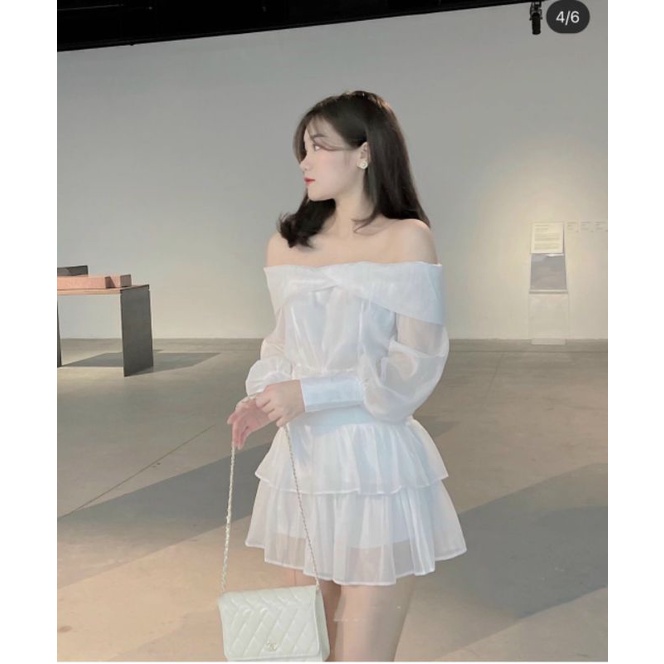 Set áo voan kèm chân váy xoè bẹt vai