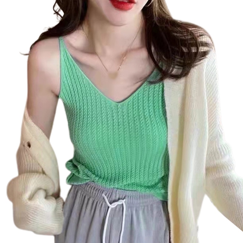 Áo Croptop Dệt Kim Hai Dây Cổ Chữ V Gợi Cảm Cho Nữ