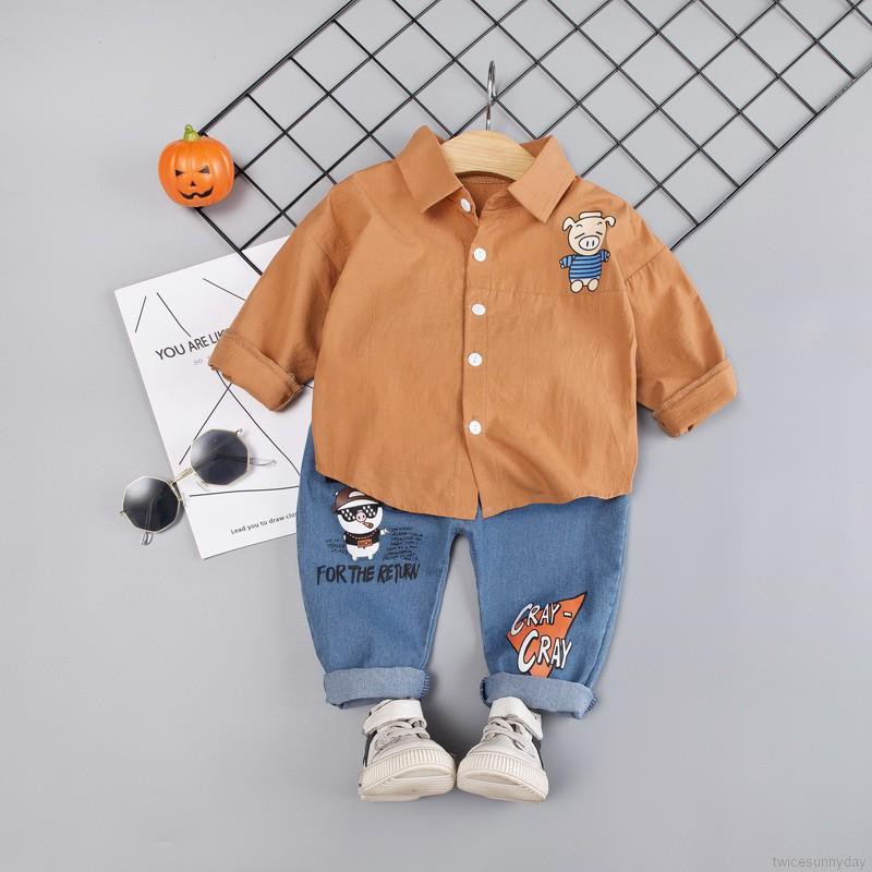 Set áo sơ mi + quần họa tiết hoạt hình xinh xắn dành cho bé trai