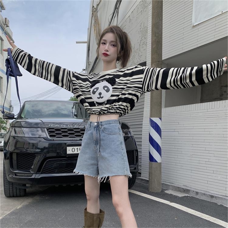 【ZHELIHANGFEI】Áo Dệt Kim Dài Tay Lưng Cao Phối Dây Rút Họa Tiết Gấu Trúc Đáng Yêu