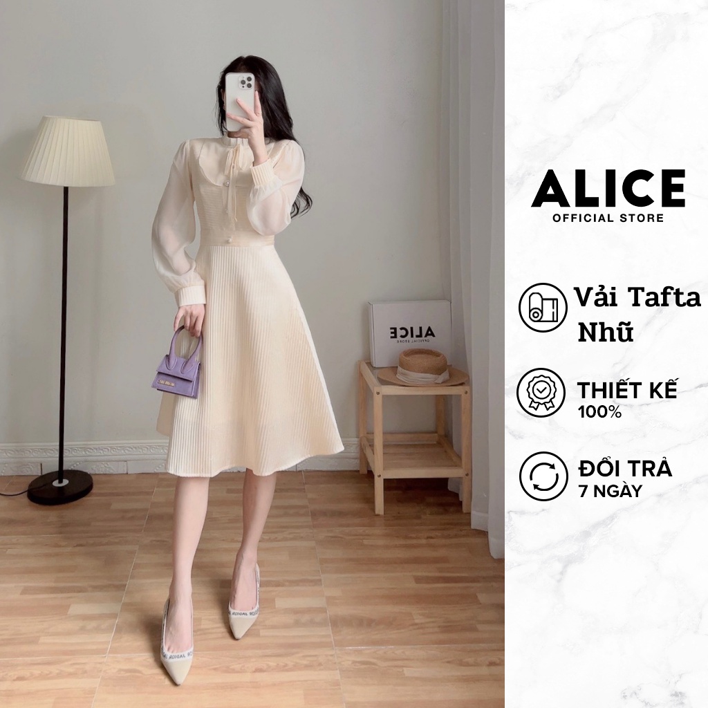 Váy Dự Tiệc Sang Chảnh ALICE Thiết Kế Dài Tay Tiểu Thư Eo Dập Ly Phối Tơ Lụa V739