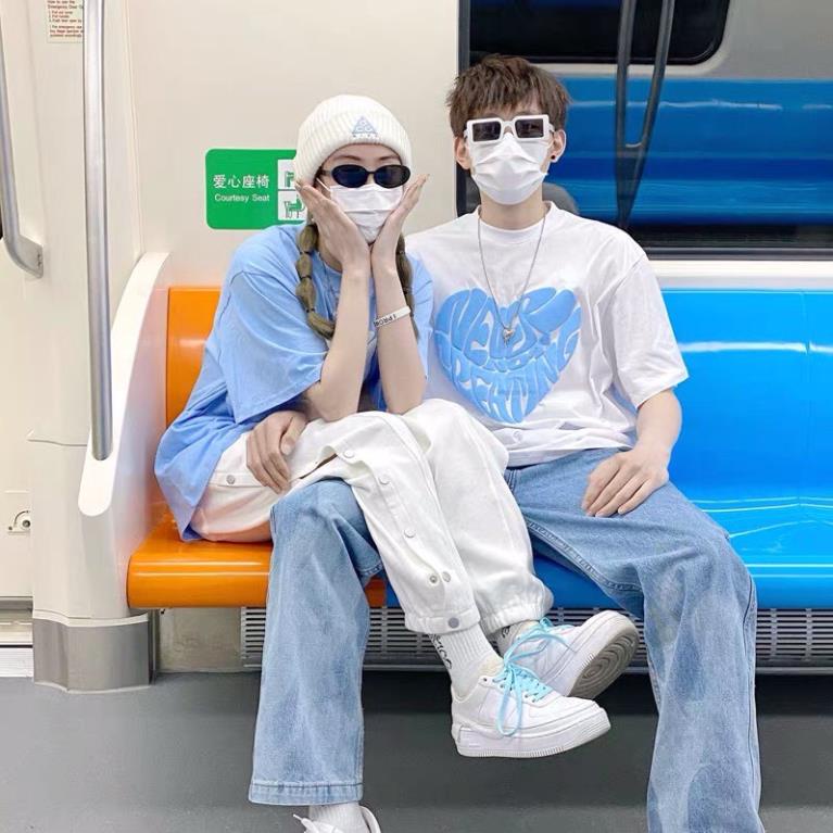 Áo nam nữ, đôi, nhóm trái tim cực xinh phông hè tay lỡ kiểu dáng thụng ULZZANG Hàn Quốc