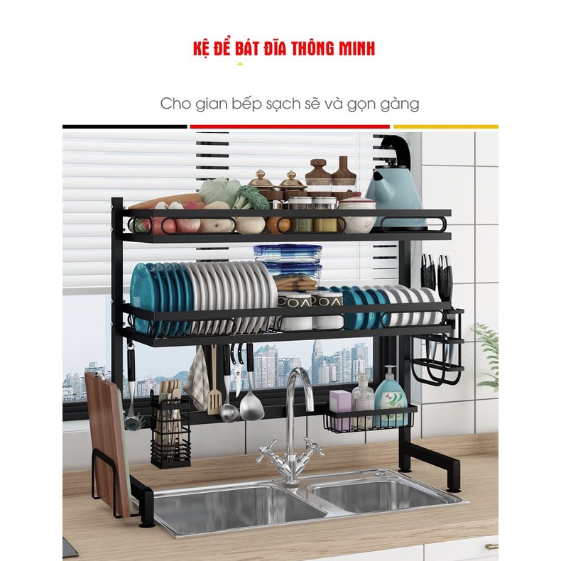 Kệ Đựng bát chén dĩa 2 tầng trên bồn rửa Đa Năng sơn đen chống khuẩn cao cấp phiên bản nâng cấp