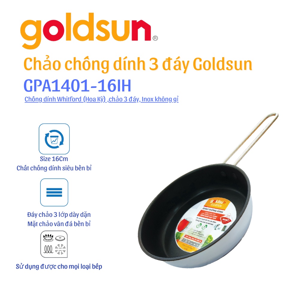 [Mã BMBAU50 giảm 7% đơn 99K] Chảo Inox chống dính Goldsun GPA1401-16IH 16Cm Hàng chính hãng