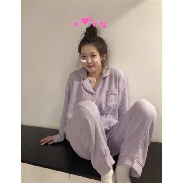 BỘ ĐỒ PIJAMA XÔ MUSLIN TRƠN DÀI TAY rẻ nhất shopee